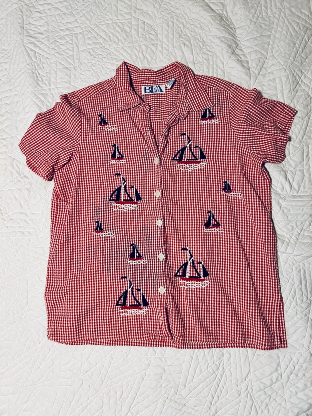 BFA Classics Brand Red Gingham Button Down Top w/ Embroidered Sailboats